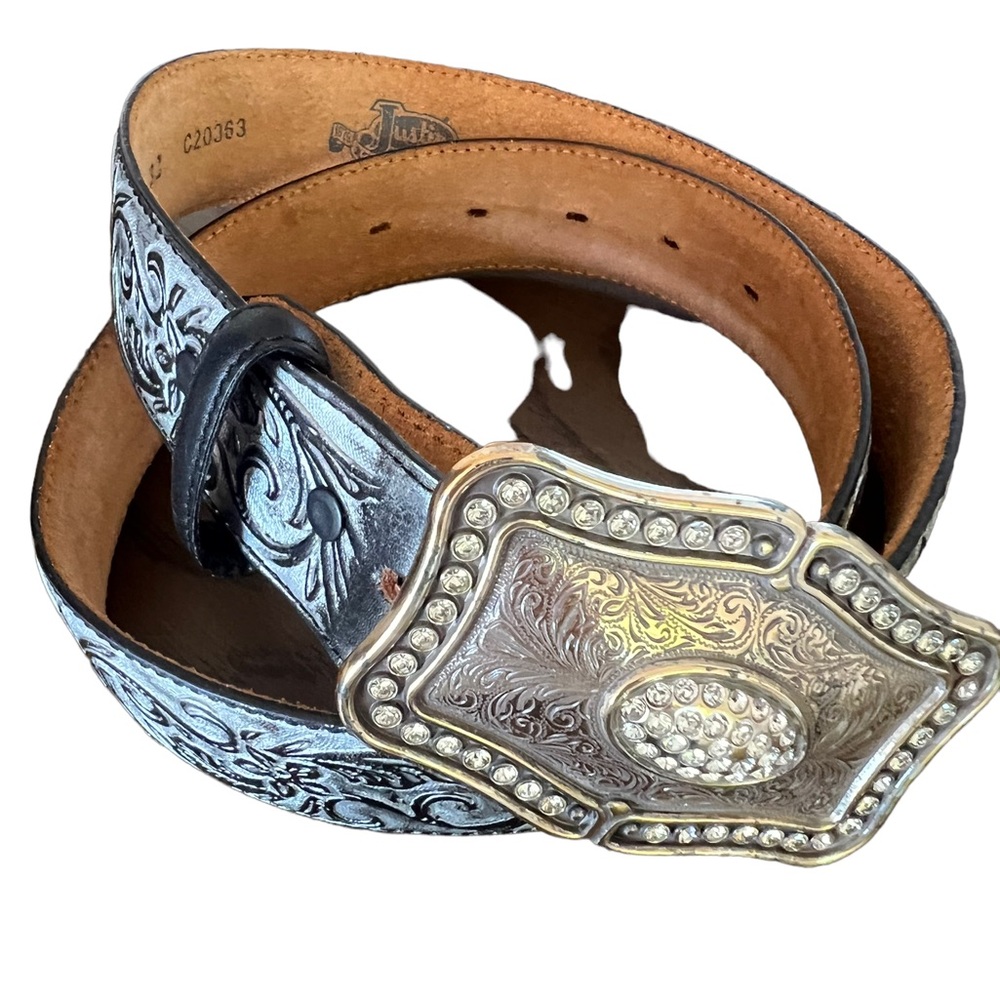 Justin rhinestone buckle western belt genuine tooled  leather size 32 dusty grey